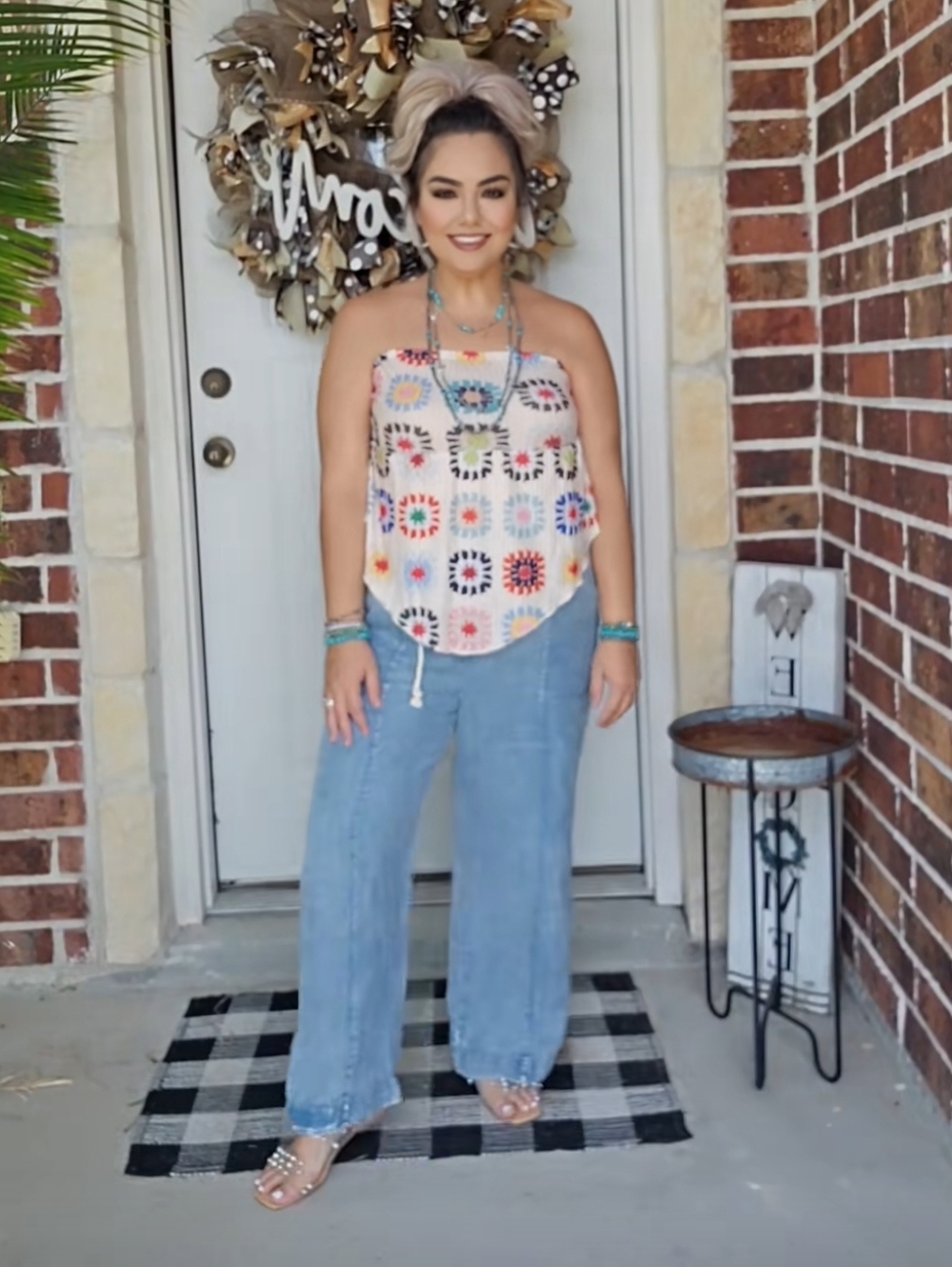 SHEIN Cream Smocked Strapless Peplum Top with Multicolor Floral Medallions